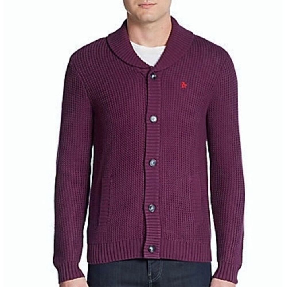 Original Penguin plum shawl collar waffle knot sweater